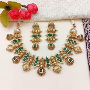 Rajwadi Hasadi Meenakari Necklace Set | Ethnic Bridal Jewelry | Antique Gold Finish | Traditional Indian Festive Set.