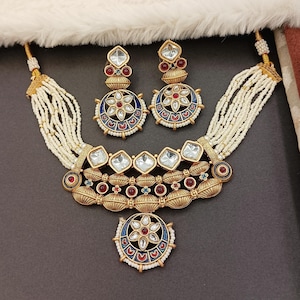 Rashmika Rajwadi Meena Jewelry set in Shahi Blue, Rajputi Necklace and Earring, Traditional Indian Jewelry, Festive Accessory,Gift for Women