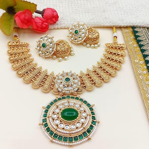 Aditi Rajwadi Necklace Set in Saag Green , Rajputi Bridal Jewellery, Kundan Choker, Indian Traditional Jewellery, Ethnic Gift for Women