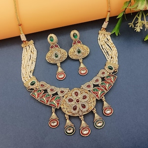 Royal Rajwadi Necklace/Earrings, Rajputi Bridal Necklace, Kundan stones, Rajasthani Pearl Detailing, Indian Traditional Jewellery Set