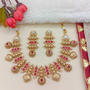 Rajwadi Hasadi Meenakari Necklace Set in Agni Red | Ethnic Bridal Jewelry | Antique Gold Finish | Traditional Indian Festive Set.