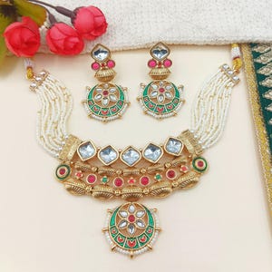Rashmika Rajwadi Meena Jewelry set in Mor Green, Rajputi Necklace and Earring, Traditional Indian Jewelry, Festive Accessory, Gift for Women