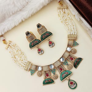 Ananya Rajwadi  Mor Green Kundan Set – Mughal Inspired  Meenakari Choker & Earrings for Weddings and Fusion Wear