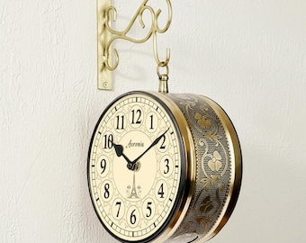Vintage Double Sided Station Clock | Antique Gold Brass, Scroll Bracket
