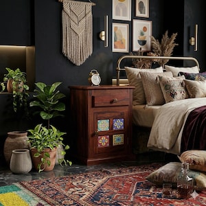 Sheesham Wood Bedside Table – Hand-Painted Tile Cabinet, Natural Honey Finish Nightstand