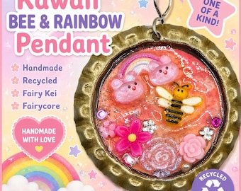 Kawaii Bee Bottle Cap Necklace – Fairy Kei Pendant, Rainbow & Flower Charm, Handmade Recycled Jewelry, Cute Pastel Raver Accessory