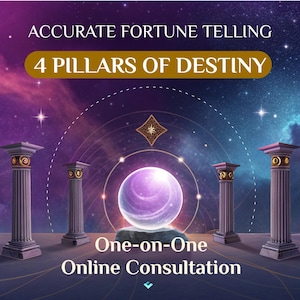 Puede incluir: Una bola de cristal púrpura se encuentra sobre un pedestal de piedra frente a cuatro pilares con detalles dorados. El fondo es un cielo nocturno estrellado con una estrella en forma de diamante en el centro. El texto "ACCURATE FORTUNE TELLING 4 PILLARS OF DESTINY One-on-One Online Consultation" se muestra en la imagen.
