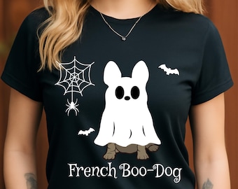 Cane francese Boo PNG, divertente clipart di fantasma bulldog francese, simpatico cane di Halloween PNG, spettrale design di fantasma bulldog francese per magliette e adesivi