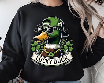 Lucky Duck Sublimation Design - Cool St. Patrick&#39;s Day Duck with Clover & Gold Chain - Digital Art for T-Shirts and Gifts