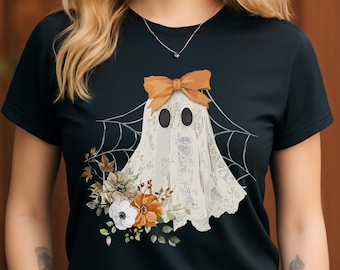 Vintage Floral Ghost PNG, Aesthetic Halloween Ghost Clipart, Lace Ghost with Orange Bow and Flowers, Boho Fall Sublimation Design