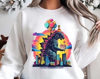 Fiesta de cumpleaños de Godzilla PNG – Clipart retro de Kaiju (Descarga digital)