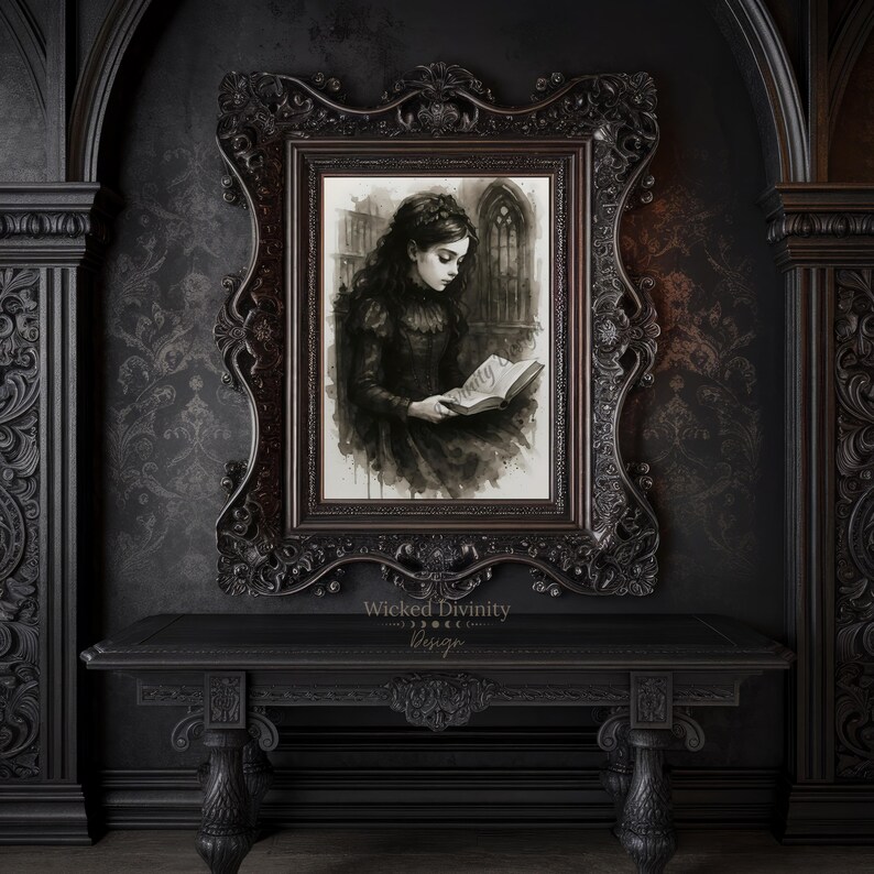 Gothic Girl Reading Book in Library Digital Wall Art, Dark Academia ...