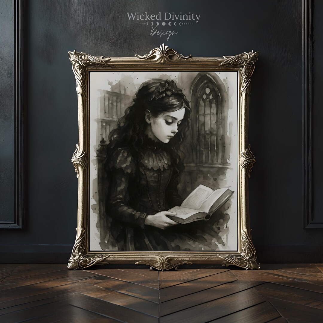 Gothic Girl Reading Book in Library Digital Wall Art, Dark Academia ...
