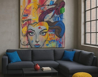 Colorful Urban Graffiti Woman Canvas Art