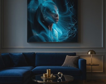 Blue Abstract Woman Portrait Canvas – Modern Feminine Wall Art for Bedroom or Office Decor