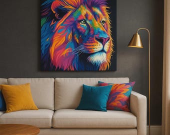 Colorful Abstract Lion Canvas – Bold Safari Animal Wall Art for Living Room or Office