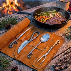 Hand-Forged Viking Silverware Set –High Carbon Steel Renaissance Cutlery Set with Leather Pouch
