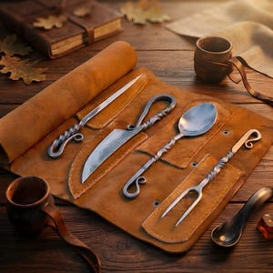 Hand Forged Viking Cutlery Set, High Carbon Steel Viking Utensils w Leather Pouch