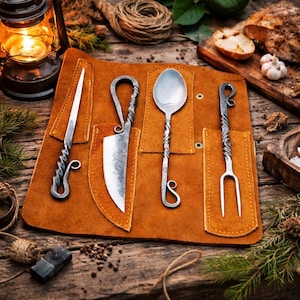 Hand-Forged Viking Cutlery Set – Carbon Steel Medieval Utensils with Leather Pouch