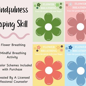 Mental Health Coping Skills Handout For Therapists- Flower Breathing- Mindfulness Breathing Activity- Tool For Anxiety, Stress, Etc.