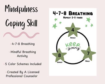 4-7-8 Breathing Handout: Mindfulness Coping Skill (Digital Download)