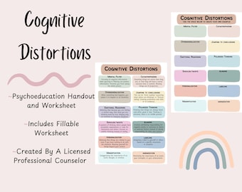 May include: A printable worksheet with a rainbow background and the title "Cognitive Distortions". The worksheet lists 10 common cognitive distortions with descriptions. The worksheet is designed to help people identify and challenge negative thought patterns.