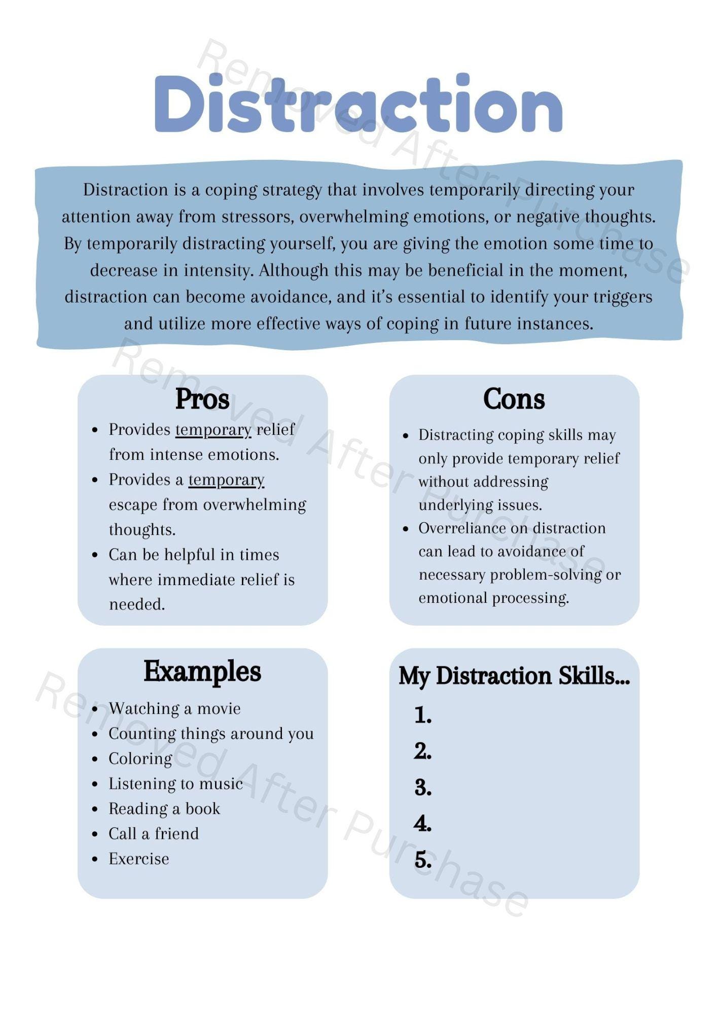 Distraction Coping Skills Handout: Mental Health, CBT, DBT (PDF) - Etsy