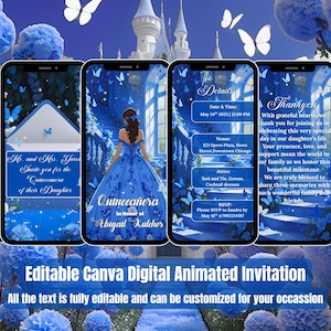 Quinceanera Invitation – Sweet 15 Video Evite – Blue Birthday – Royal Blue Floral Princess Quince Invite – Sweet 16 – Quinceañera – 15 Anos