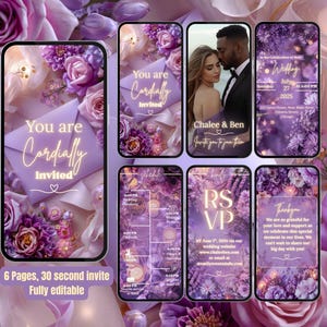 May include: A digital wedding invitation suite displayed on smartphones, featuring a floral design in shades of purple and lavender. The invitation includes text that reads "You are Cordially Invited", and "RSVP". The suite includes 6 pages and is fully editable.