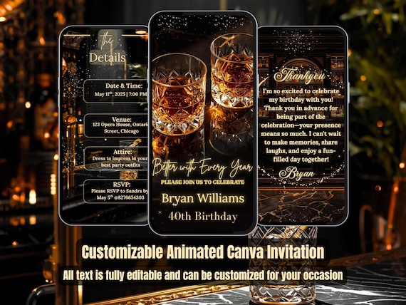 Men’s Birthday Invitation – Black & Gold Whiskey Themed Video Invite – Editable Digital Template – 30th 40th 50th 60th 70th Birthday Party