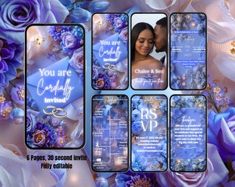 Wedding Invitation – Elegant Royal Blue Video Invite – Editable Canva Template with Photo, RSVP & Program – Digital Hochzeitseinladung evite