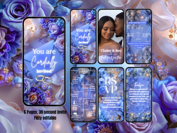 Wedding Invitation – Elegant Royal Blue Video Invite – Editable Canva Template with Photo, RSVP & Program – Digital Hochzeitseinladung evite