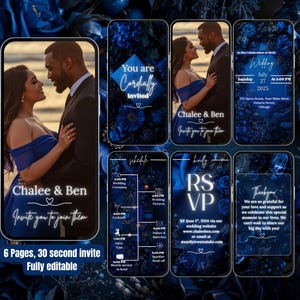 Può includere: Una suite di inviti di nozze digitali in tonalità di blu, visualizzata su smartphone. Il design include foto di una coppia, dettagli dell'evento e informazioni RSVP. Il testo include "Chalee & Ben" e "Invite you to join them."