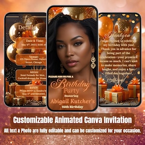 Burnt Orange & Gold Birthday Invitation for Her – Girl Video Evite with Photo – Glam Birthday Dinner – Canva Template – Women Party Invite