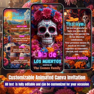 Peut inclure: Invitation Canva animée et personnalisable pour le Día de los Muertos. Le design présente une tête de mort ornée de fleurs, avec les détails de l'événement sur un écran de smartphone. Le texte est modifiable.