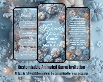 Soft Blue Elegant Friendsgiving Invitation – Cozy Pumpkins Video Evite – Fall Dinner Party – Thanksgiving Digital Invite – Canva Template