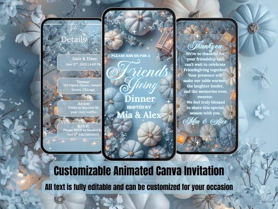 Soft Blue Elegant Friendsgiving Invitation – Cozy Pumpkins Video Evite – Fall Dinner Party – Thanksgiving Digital Invite – Canva Template