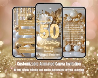 Faire-part 50e anniversaire – Faire-part vidéo blanc et or pour elle – Evite numérique modifiable – Modèle de dîner brunch glam – Élégant 50e