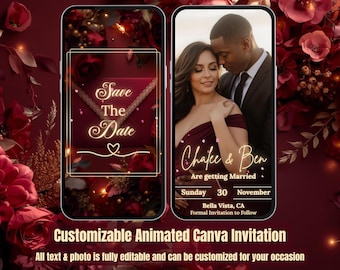 Elegant Burgundy & Gold Save the Date Invitation – Wedding Video Evite with Music – Editable Canva Template – Digital Getting Married Invite