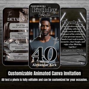 Videoeinladung zum 40. Geburtstag für Männer: Black & Grey Evite (Canva Vorlage Digitaler Download