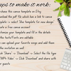 May include: A wooden surface with instructions for using a Canva template purchased on Etsy. The steps include downloading a PDF, creating a Canva account, customizing the template, and downloading as an MP4 video. A spiral notebook, pencil, mouse, keyboard, and plant are also visible.
