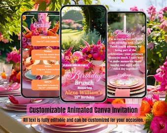 Invitation pour un brunch d'anniversaire - Evite vidéo élégante pour un brunch floral - Invitation à une garden-party - Brunch mimosa pour femmes - Flyer brunch rose et orange