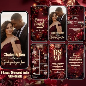 Könnte beinhalten: Eine digitale Hochzeitseinladungssuite, die auf Smartphones angezeigt wird. Das Design zeigt ein bordeauxfarbenes Farbschema mit floralen Akzenten und goldenem Text. Die Einladung enthält Fotos des Paares, Veranstaltungsdetails und RSVP-Informationen.