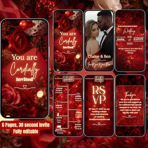 May include: A digital wedding invitation suite with a red floral theme. The design includes six pages with text such as "You are Cordially Invited", wedding details, and RSVP information. The invitation is fully editable.