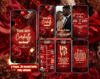 Puede incluir: Un conjunto de invitaciones de boda digitales con un tema floral rojo. El diseño incluye seis páginas con texto como "You are Cordially Invited", detalles de la boda e información de RSVP. La invitación es totalmente editable.