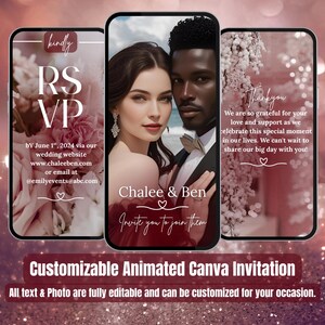 Peut inclure: Une invitation de mariage numérique affichée sur trois smartphones. L'invitation présente les noms "Chalee & Ben", les détails RSVP et un message de remerciement. Le design comprend des éléments floraux et le texte "Customizable Animated Canva Invitation".