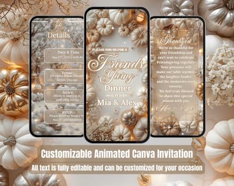 White & Gold Elegant Friendsgiving Invitation – Cozy Pumpkins Video Evite – Fall Dinner Party – Thanksgiving Digital Invite – Canva Template