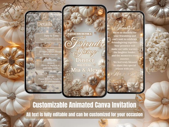 White & Gold Elegant Friendsgiving Invitation – Cozy Pumpkins Video Evite – Fall Dinner Party – Thanksgiving Digital Invite – Canva Template