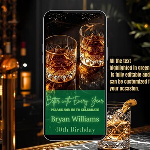 Peut inclure: Une invitation num&eacute;rique avec deux verres de liqueur ambr&eacute;e, probablement du whisky, sur une surface r&eacute;fl&eacute;chissante. Le texte de l'invitation se lit &laquo; Better with Every Year &raquo; et invite les invit&eacute;s &agrave; c&eacute;l&eacute;brer le 40e anniversaire de Bryan Williams. Le texte est en vert.