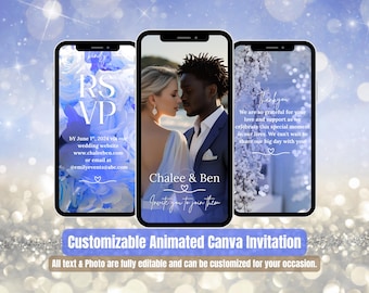 Invitación de boda: video invitación en tonos azul rey y blanco. Plantilla editable de Canva con foto, RSVP y programa. Invitación de boda digital.